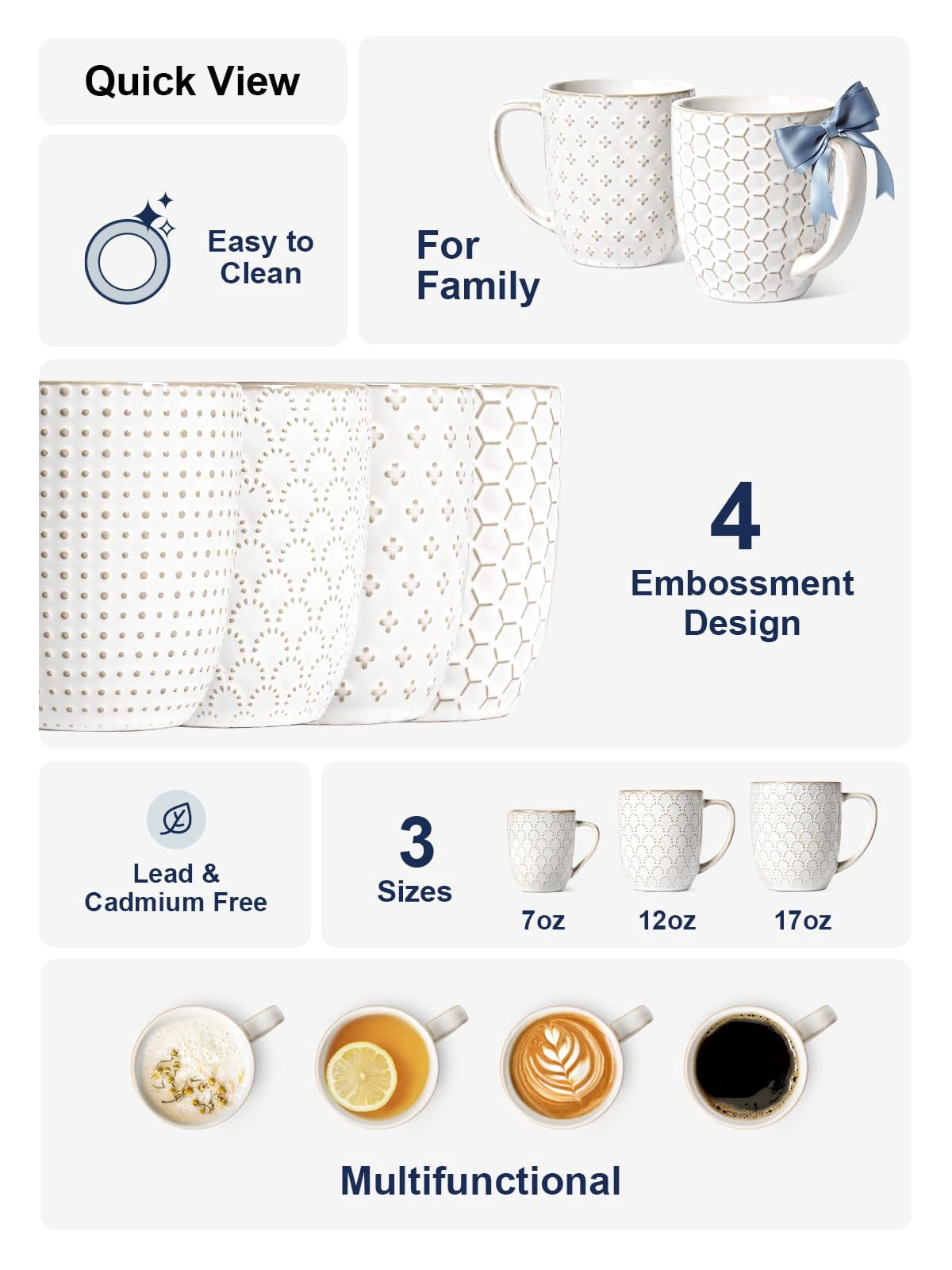 Coffee Mugs 12 oz, Ceramic Mug Set Set of 4, Embossment Cups for Espresso, Latte, Tea, Cocoa, Cappuccino & Mocha, Dishwasher Oven Microwave Safe - 3.4 inch, Arctic White