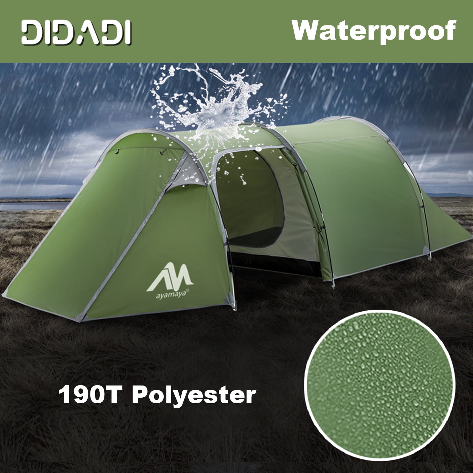 Camping Tents for 3 People, DIDADI Waterproof Tunnel Tent ,2 Room Design - Detachable Bedroom & Vestibule with Footprint,Easy Set Up & Pop Up HikingTent for Survival Hiking Backpacking