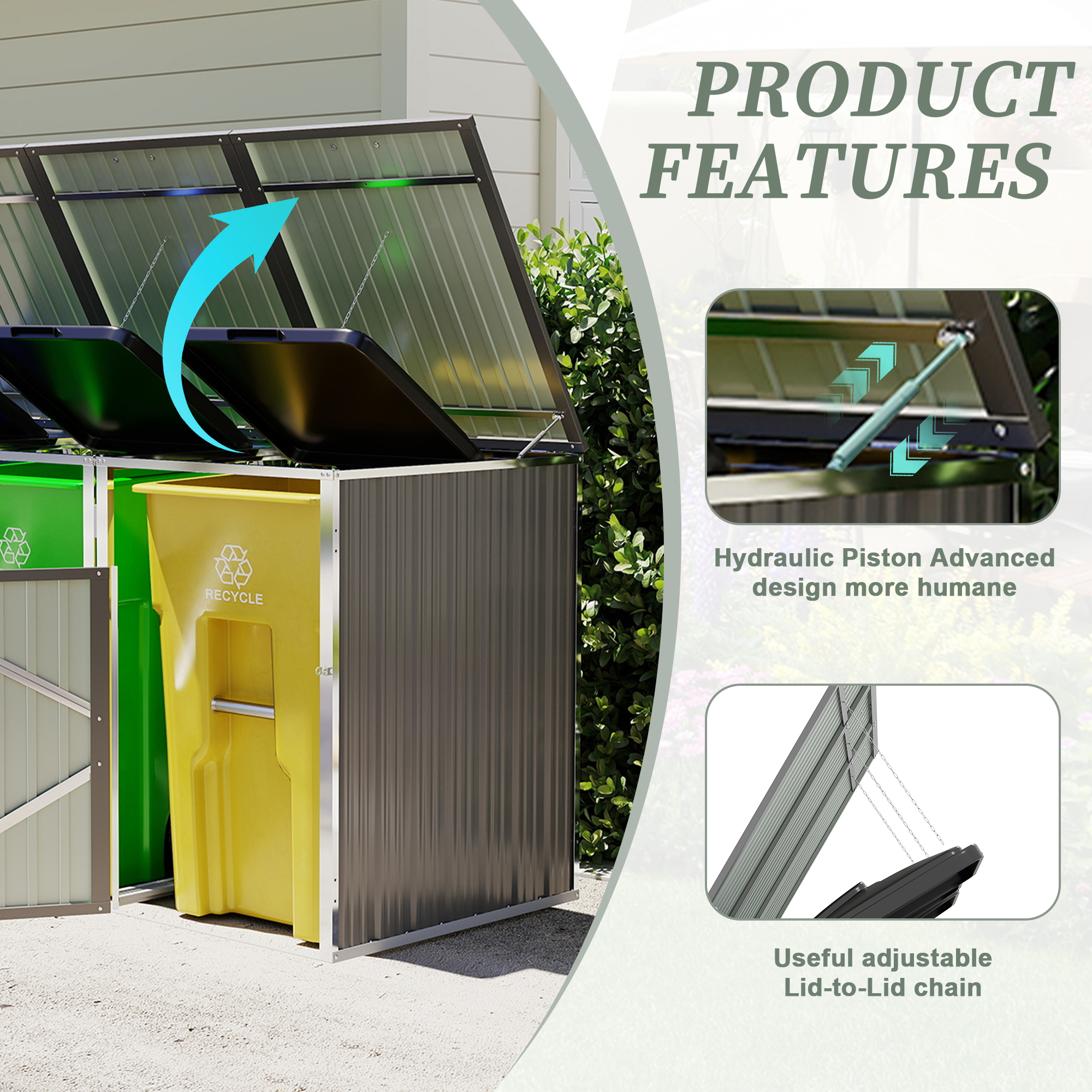 Royard Oaktree Metal Garbage Can Shed for 3 Trash Cans, 120 Cu.Ft Outdoor Storage Shed with Lockable Doors & Waterproof Lid Chain, Bike Sheds & Outdoor Storage for Patio, Garden, Backyard, Grey