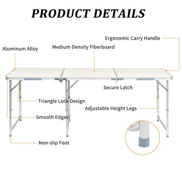 Alvantor 6ft Portable Folding Camping Table with White Aluminum Alloy
