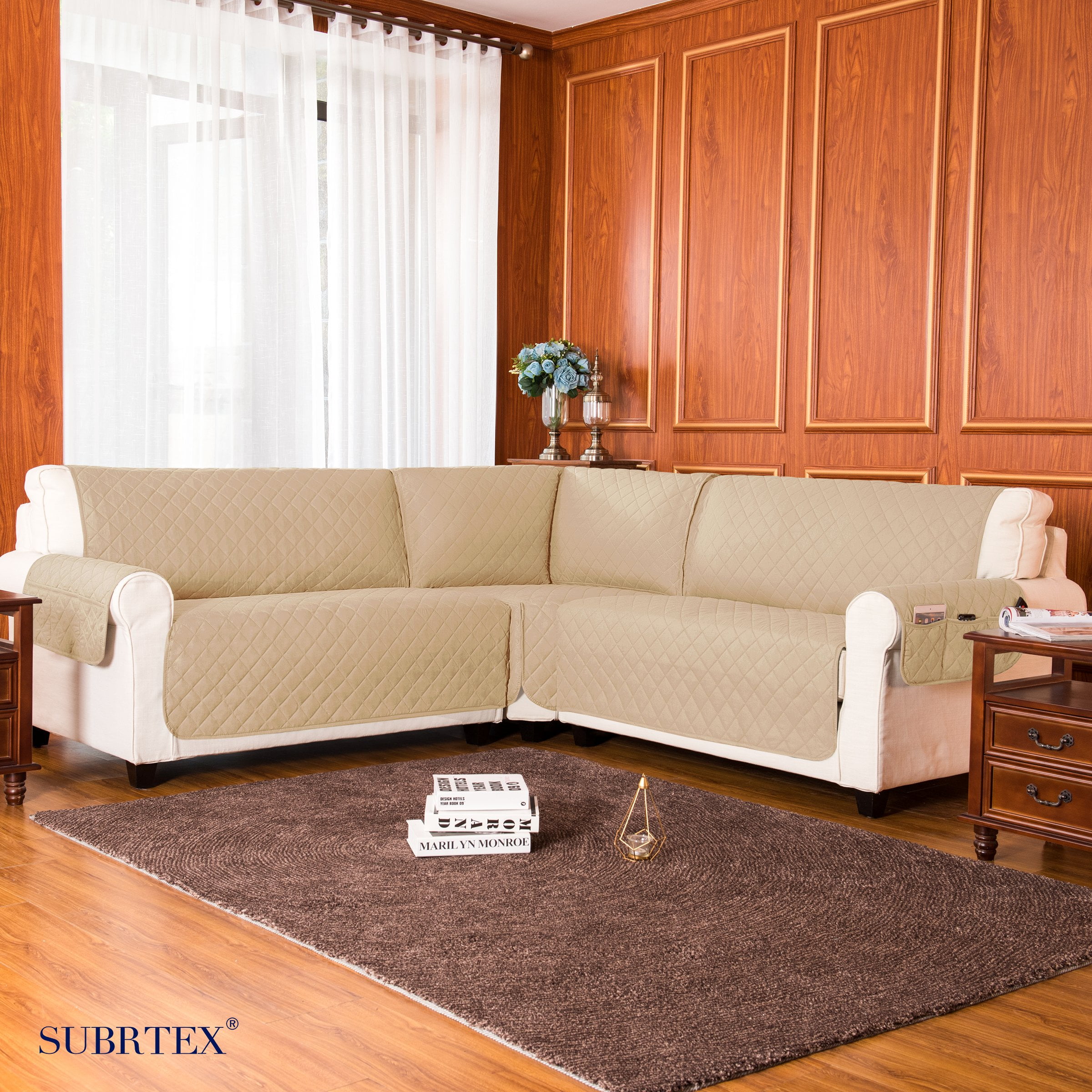 Subrtex Reversible Sectional Corner Sofa Slipcover L Shape Corner Covers with Elastic Straps (Sand)