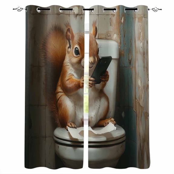 Bathroom Squirrel Blackout Curtains for Bedroom/Living Room, Thermal Insulated Kitchen Curtains, Toilet Animals Vintage Grommet Darkening Window Treatment Drapes 52"x72"x2