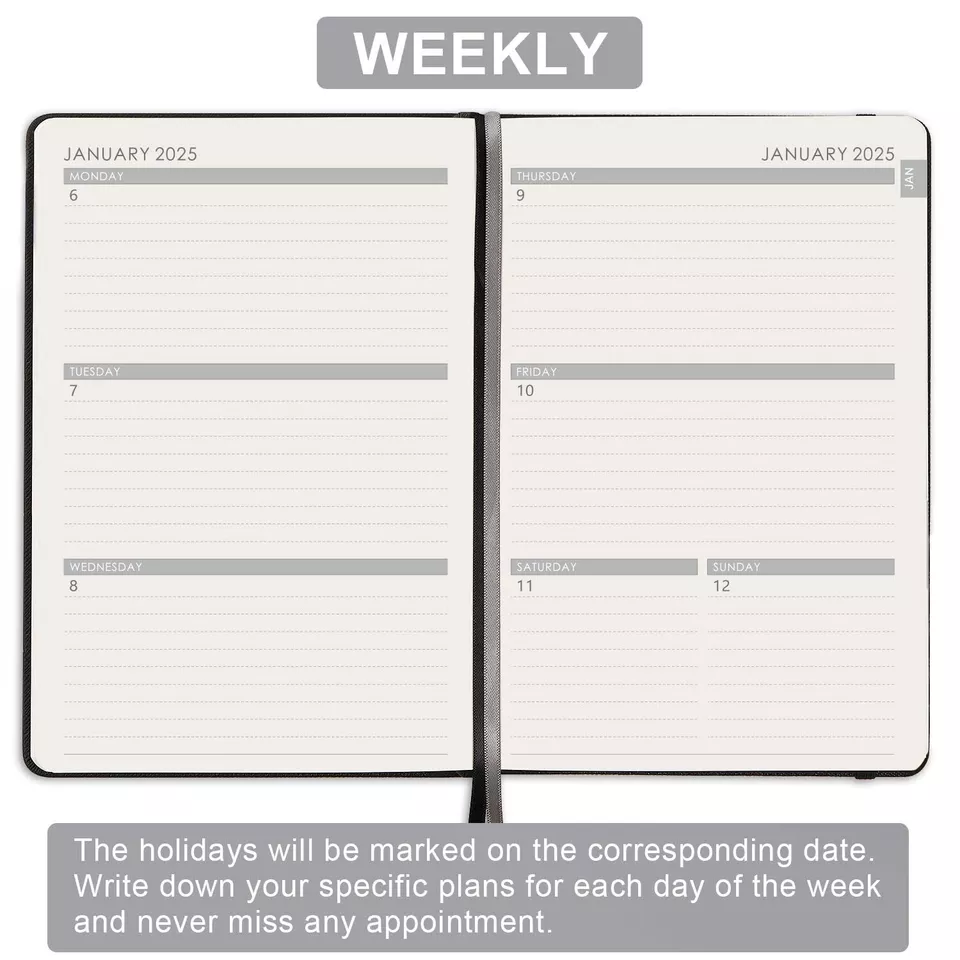 2025 Black Planner 5X8 Weekly Monthly Pages Calendar Stickers Inner Pocket