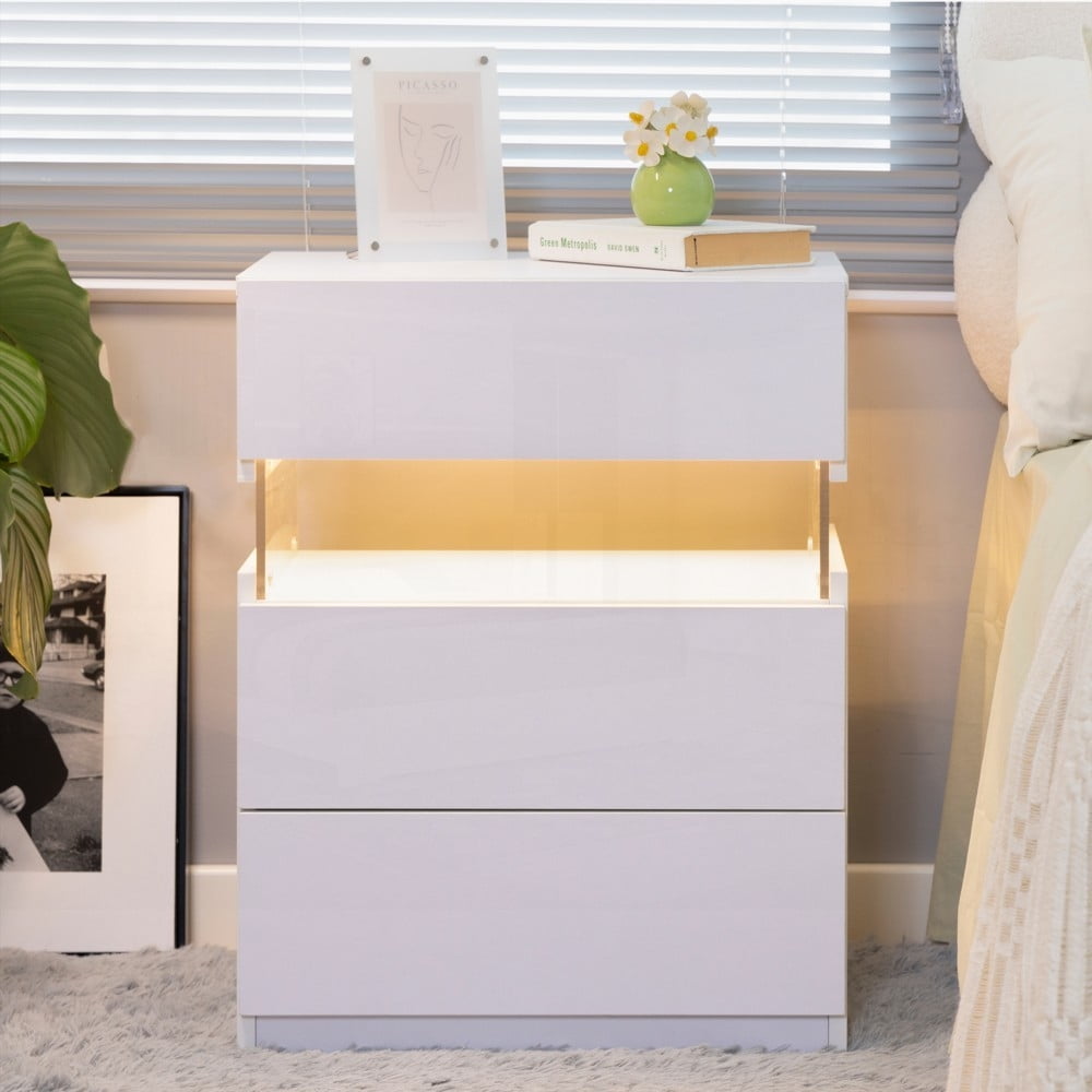 White LED Nightstands 3 Drawer Dresser Featuring Acrylic Board & LED Lighting (Bedroom & Living Room)