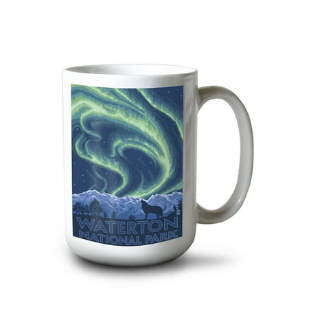 

15 fl oz Ceramic Mug Waterton National Park Canada Northern Lights and Wolf Dishwasher & Microwave Safe
