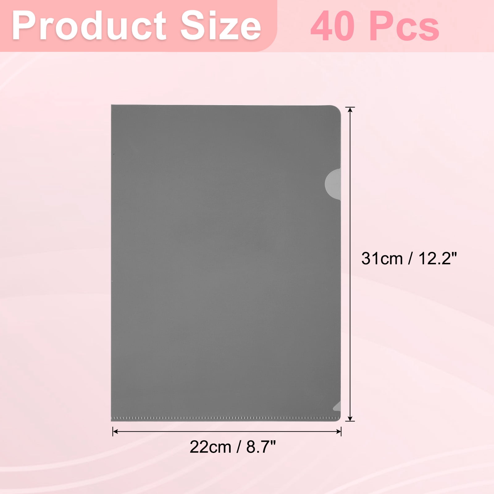 A4 Plastic Folders, 40 Pack Clear Folders L Type Project Pockets Paper Document Jacket Sleeves L Shaped Transparent for Documents Plastic Office File, 8.7x12.2in, Gray