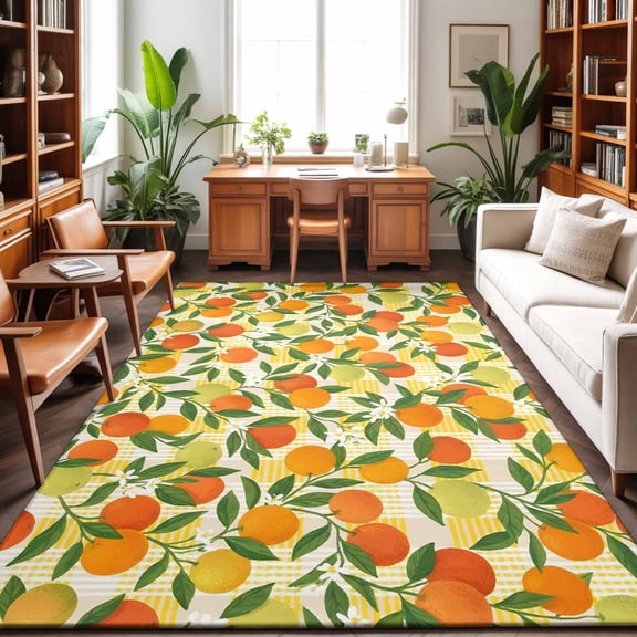Large Area Rugs 5'x8', Green Orange Carpet Runner Indoor Outdoor Rugs Home Decor Aesthetic, Summer Botanical Leaves Watercolor Checkered Non Slip Mats Washable Accent Rug for Living Room Bedroom
