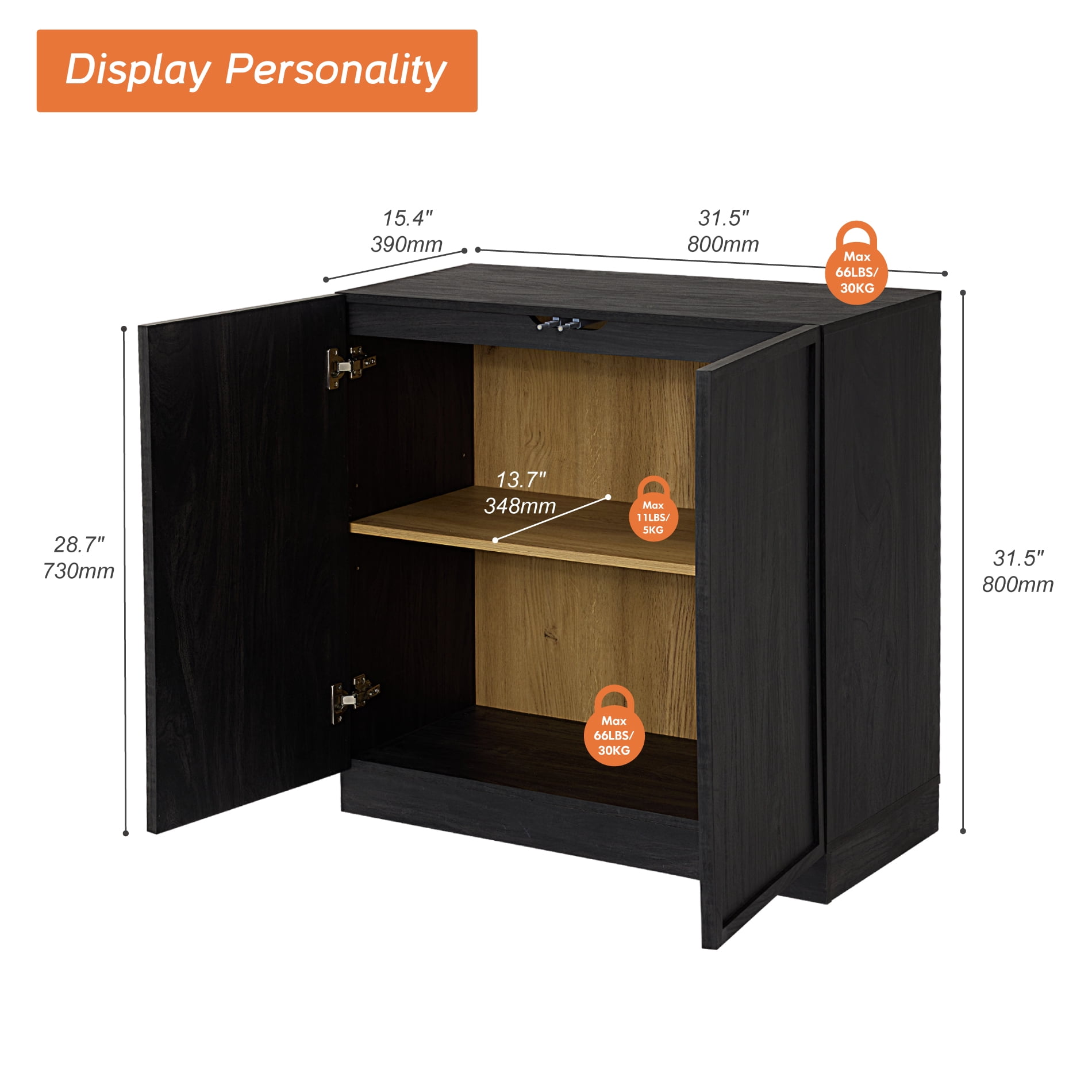 31.5" Modern Sideboard Buffet Cabinet with 2 Doors, Multifunctional Sideboard with Large Storage and Adjustable Shelf, Black