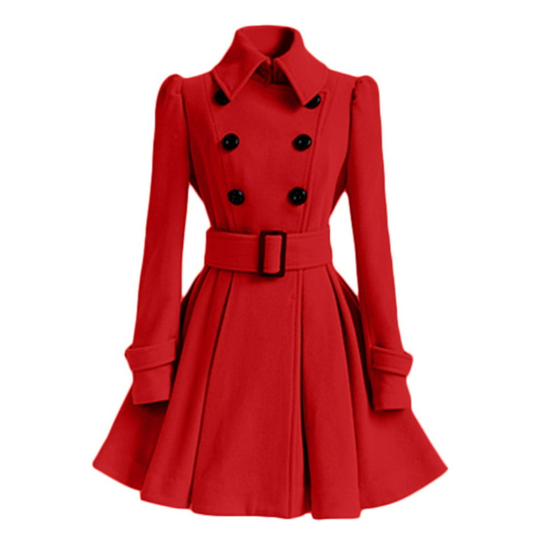Women's Winter Coats Double Breasted Elegant Vintage Fashion Felt Trench  Coat 2XL Red 