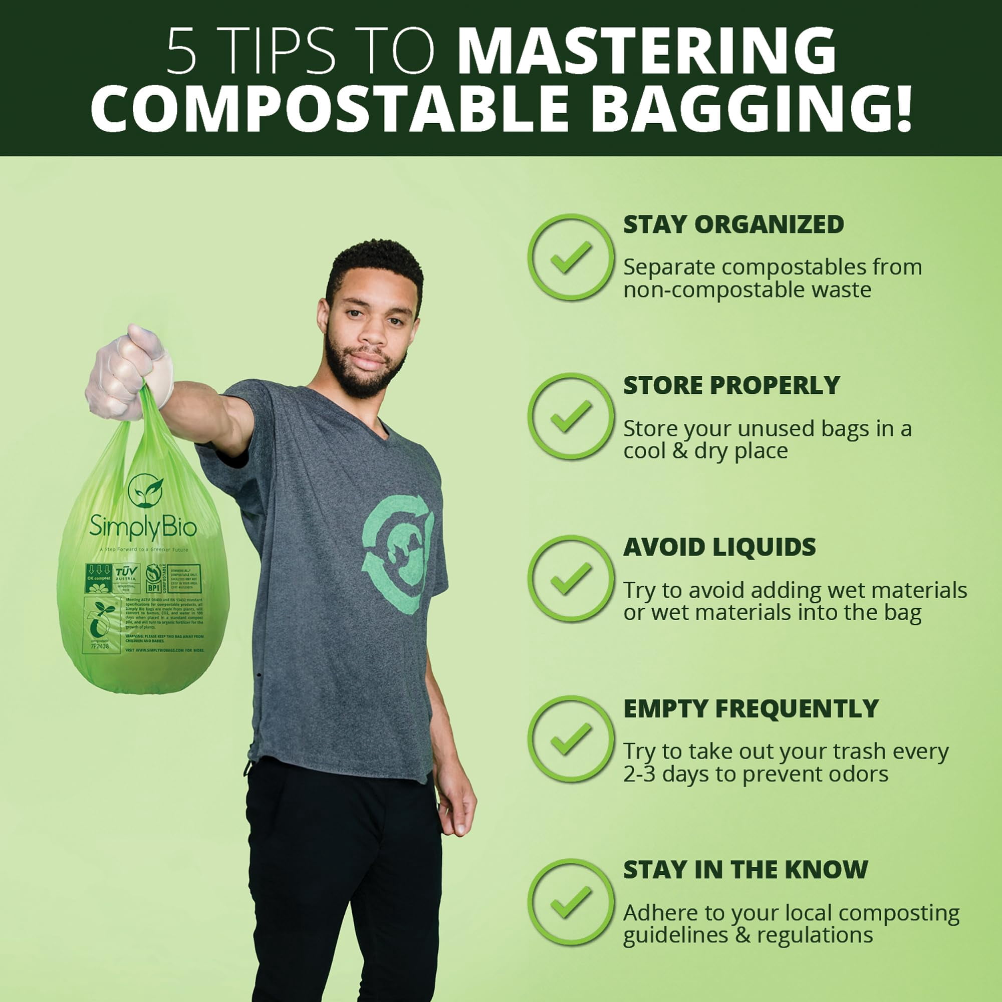 Simply Bio 1.6 Gallon Compostable Trash Bags Drawstring, Heavy Duty Extra Thick 0.6 Mil, 6.06 Liter, 50 Bags, Small Kitchen Food Scrap Waste Bag, ASTM D6400, US BPI and OK Compost Home Certified