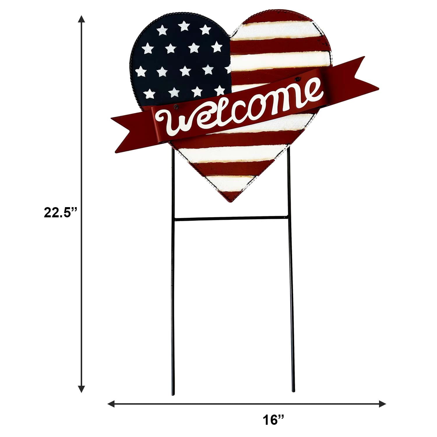 American Flag Heart Welcome Sign, Metal Garden Stake, Patriotic Yard Decor, 22.5" x 16