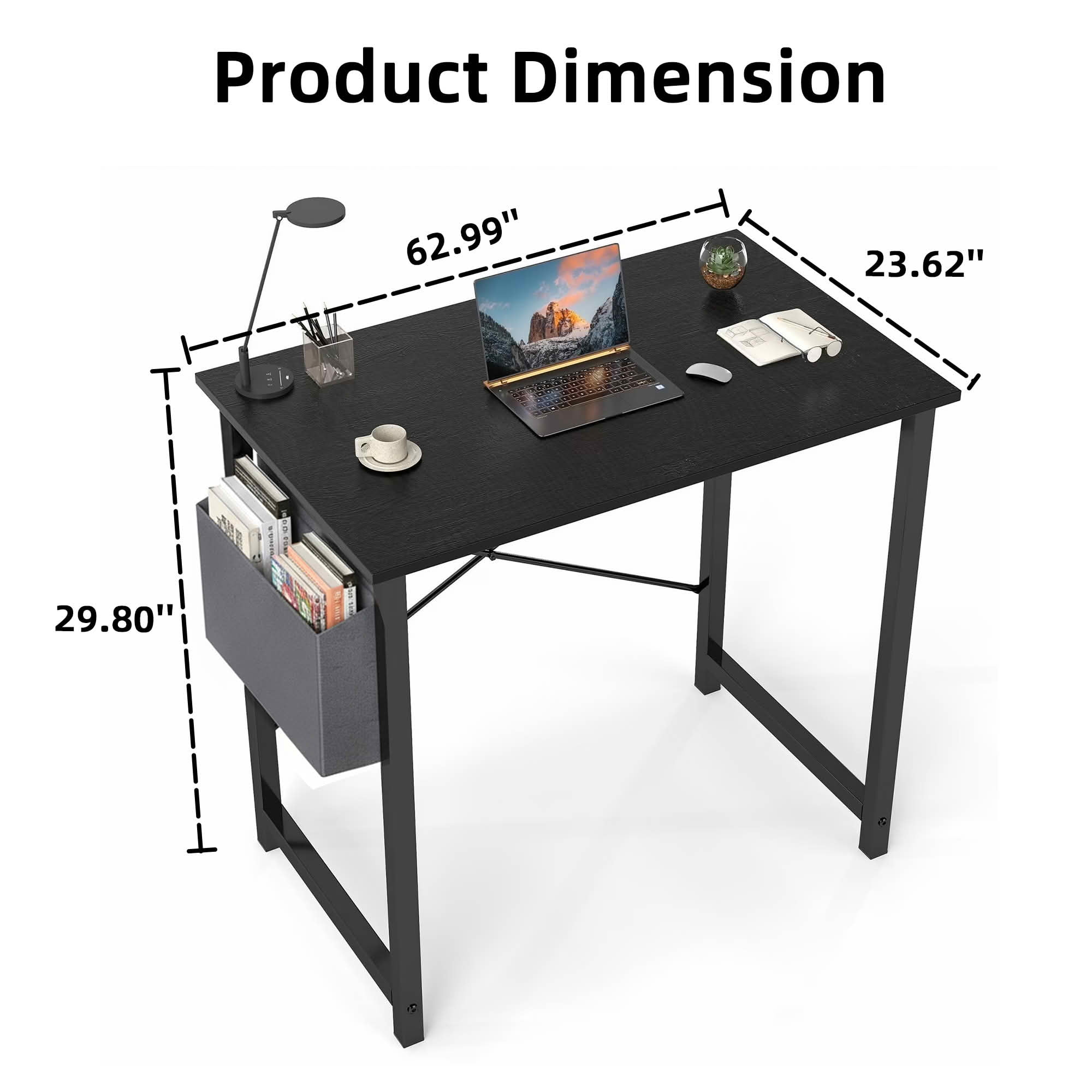 MAYEERTY Office Computer Desk, Fabric Storage Bag, Sturdy Steel Frame & Wooden Tabletop