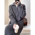 thumbnail image 6 of Women'S Elegant Long Sleeve Lapel Knitted Fall Winter Over-The-Knee Sweater Dress with Zipper Grey One Size, 6 of 8