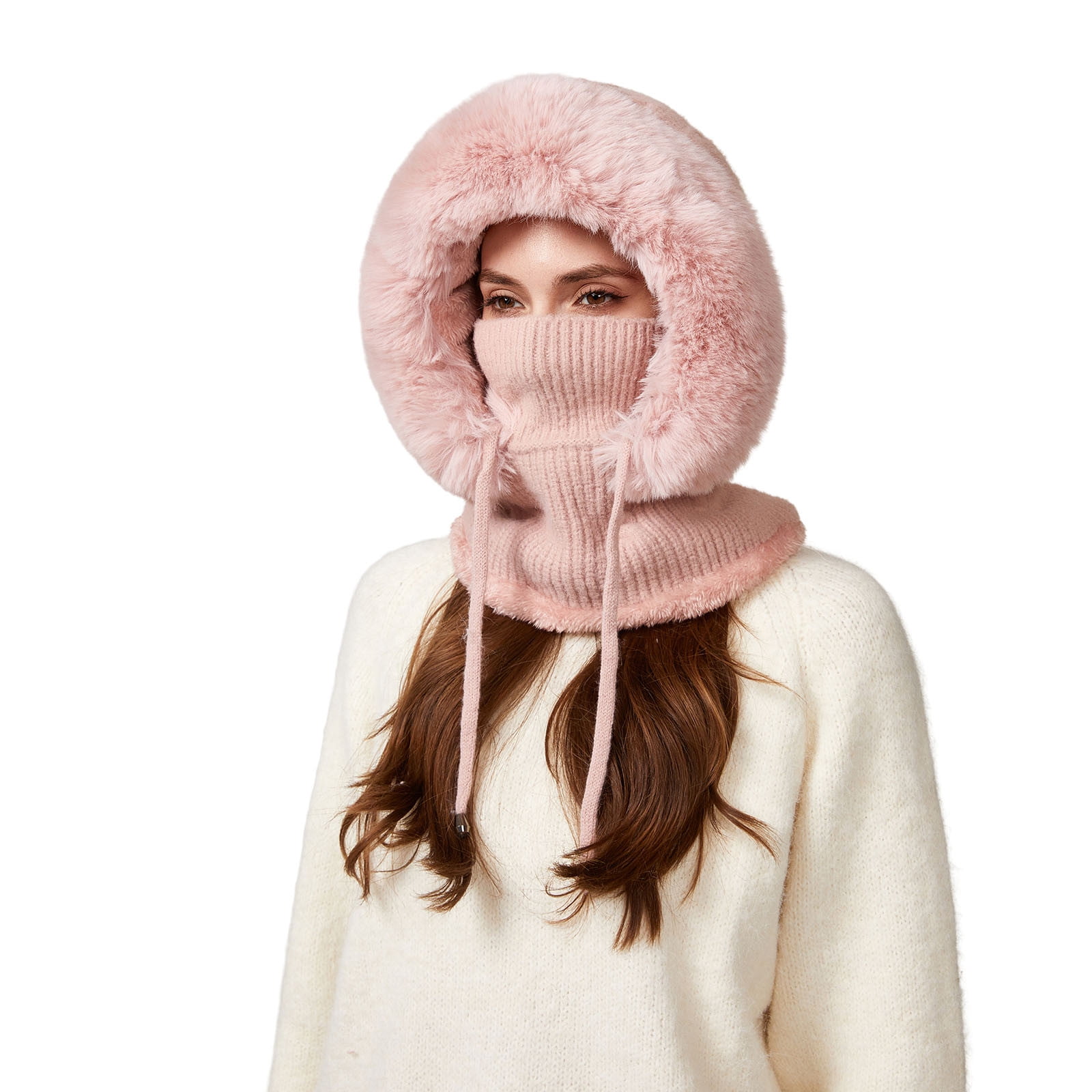 YZEGDCH Pink Women One Piece Slouchy Fleece Thicken Beanie Winter Hats Scarf Mask Drawstring Warm Hooded Winter Balaclava Pullover Knitted Winter Hat, Birthday Valentines Gift for Women