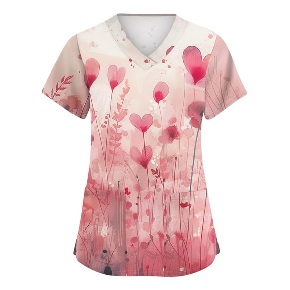 Womens Valentine's Day Scrub Top Short Sleeve V Neck Heart Print Shirts Nursing Working Uniform Valentine's Day Caregiver T Shirts