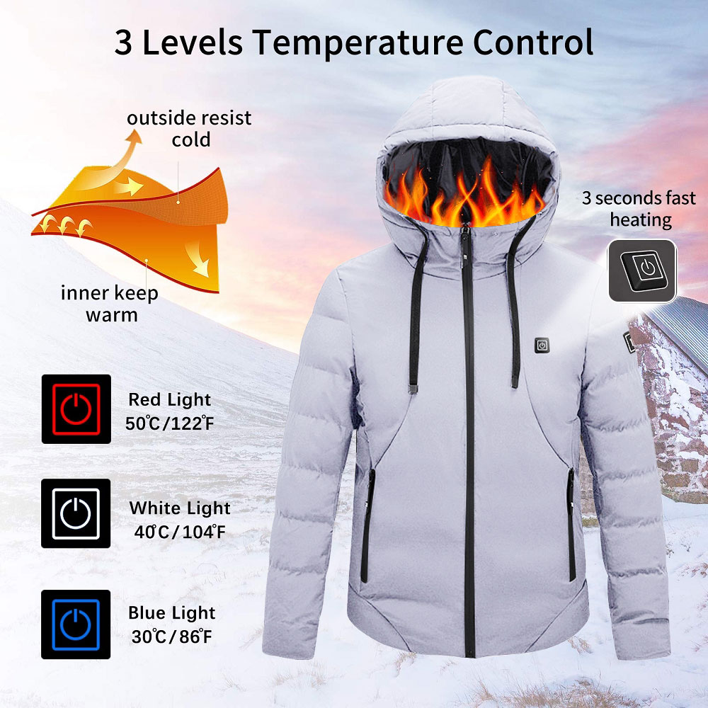 Avamo Man USB Heated Coat,Lightweight Hooded Heated Jacket,Full-Zip Long Sleeve Heated Outwear,Winter Outdoor Warm Electric Heating Jacket Coat Outwear Clothing With Power Bank - image 4 of 10