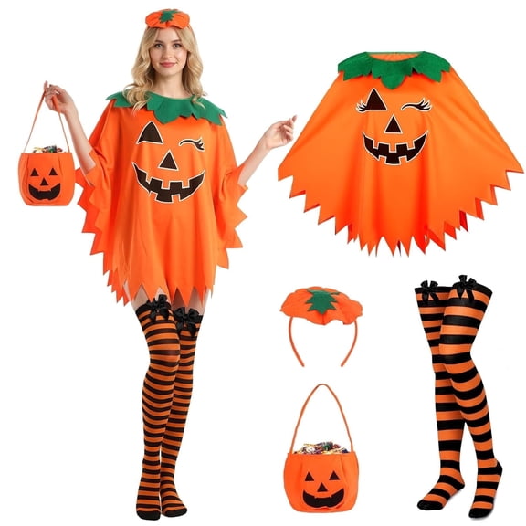4pcs Pumpkin Costume Adult Halloween Costume for Women, Glow in the Dark Halloween Costumes with Pumpkin Poncho Headband & Bag,Trick or Treat Bags and Stocking,Halloween Pumpkin Candy Bag