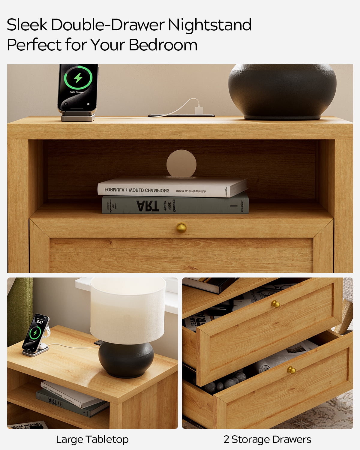 EYYTHUNG Modern Nightstand with 2 Drawers Wooden End Table with Charging Station Farmhouse Night Stand Bedside Side Table with Storage Open Shelf, Natural Oak