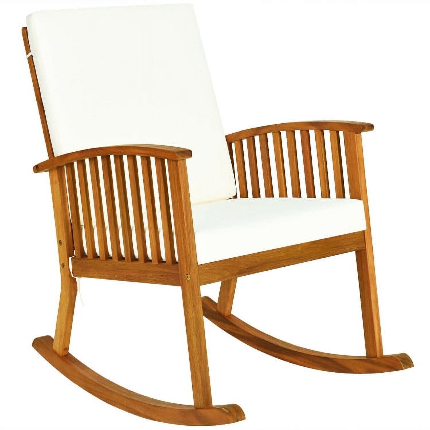 Aimee Lii Outdoor Rocking Chair with Cushion, Patio Wooden Rocker Chair for Lawn, Porch, Backyard, Indoor and Garden, White+Natural