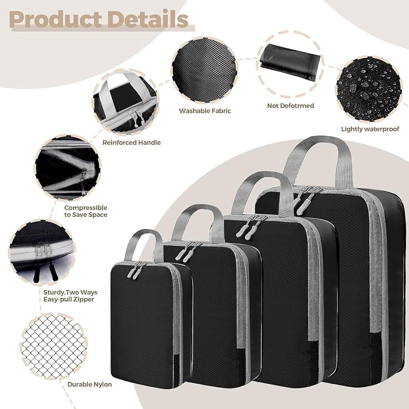 XIHAMA Compression packing cubes - 4 pieces, ultralight suitcase organizer, black