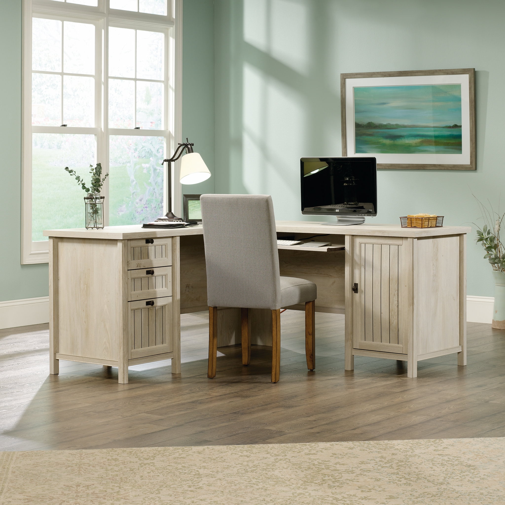 Sauder Costa L-Shaped Computer Desk, Chalked Chestnut Finish