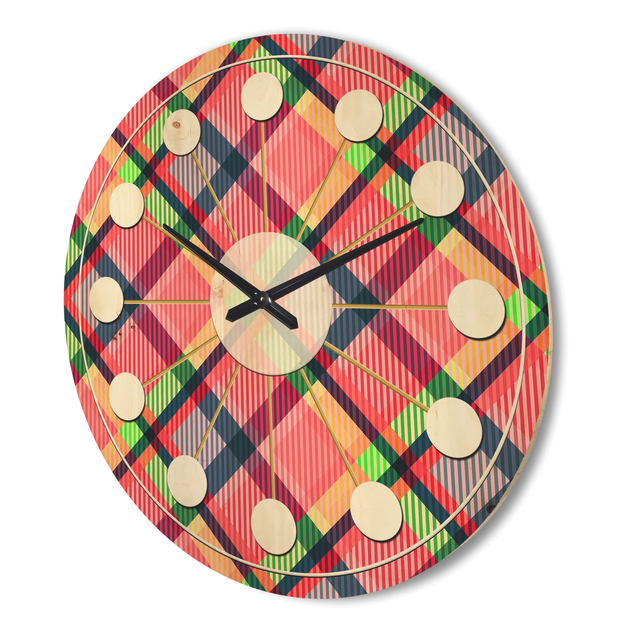 Designart 'Tartan Texture Geometrical Retro I ' Mid-Century Modern Wood Wall Clock