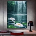thumbnail image 3 of Mudket White Water Lily Lotus Flower with Zen Stones Canvas Wall Art, Serene Waterfall Botanical Wall Decor, Framed Ready to Hang for Living Room Bedroom Bathroom, Floral Print - 12"L x 8"W, 3 of 10