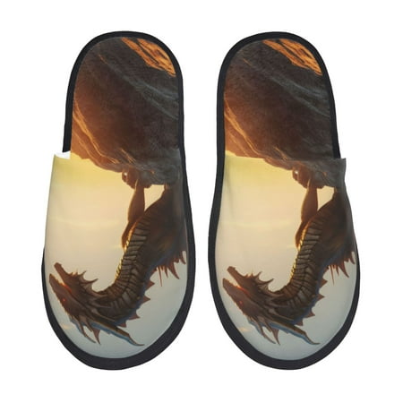 

Fuzoiu Seaside Sunset Cool Dragon Print Unisex Furry Slippers Plush Indoor Shoes Trendy House Slippers Anti-Skid EVA Sole House Shoes for Home Office and Travel -Large