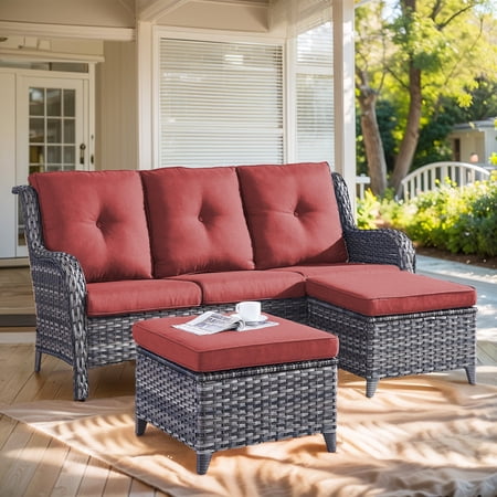Unnifurnzi Outdoor Patio Furniture-3 Seater Outdoor Rattan Wicker Sofa Patio Couch with Ottoman for Porch Deck Garden Backyard-Gray/Red