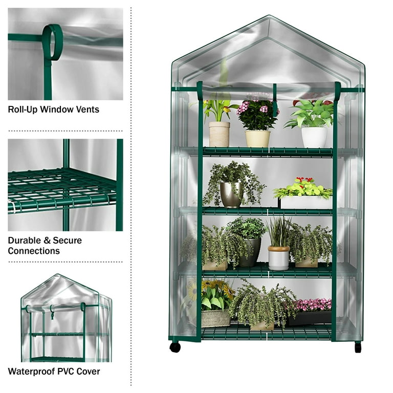 Home-Complete 4 Tier Mini Greenhouse with Locking Wheels and PVC Cover