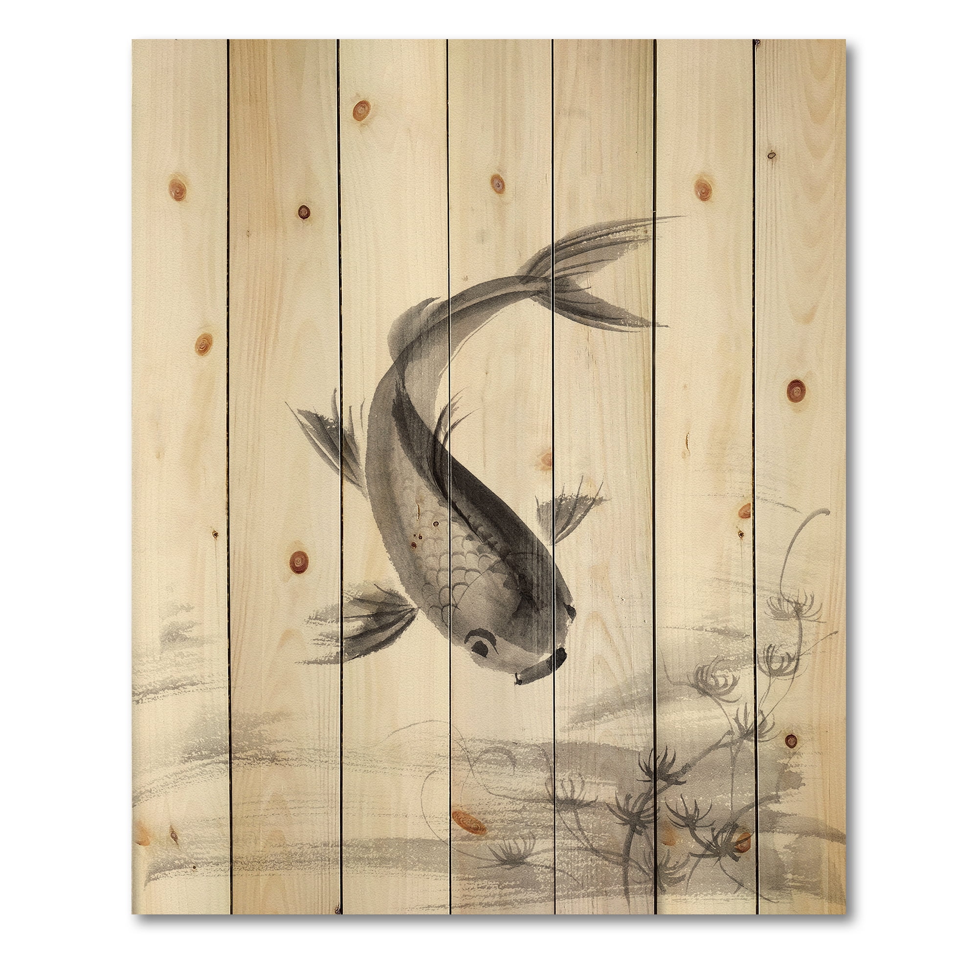 Designart 'Black and White Vintage Fish I' Nautical & Coastal Print on Natural Pine Wood