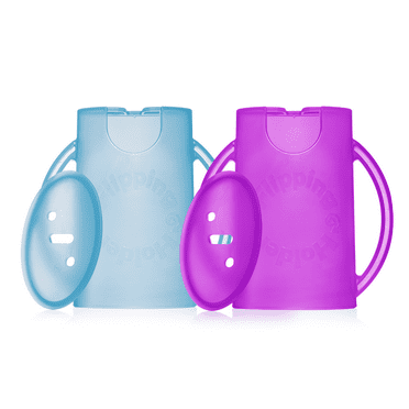 Squeeze Proof Flipping Holder DELUXE with lid 2-Pack for Food Pouches & Juice Boxes (Blue & Purple) - Multipurpose Design with Cover - Prevent Messes & Support Self-Feeding - Handles