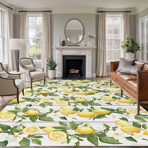 Yellow Lemons Area Rugs 5'x8', Washable Small Throw Rugs for Classroom Bedroom, Summer Botanical Leaves Wooden Farmhouse Art Indoor Outdoor Rug Non-Slip Low Pile Carpet Runner Reversible Floor Mats