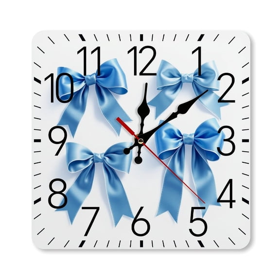 RKSupls 10×10inch Square Silent Wall Clock Wooden Frame, Blue Satin Bows Scale Decorative Clock for Home Bedroom Living Room Office