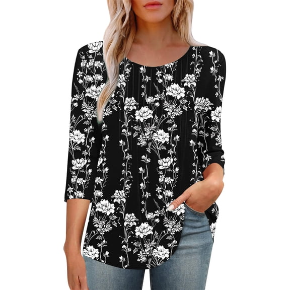 HomeGardon 3/4 Length Sleeve Womens Tops,Womens Shirts Women's Shirt Round Neck Cover Casual Pleated Tunic Top Curved Hem Printed Fashion Top,S-XXL