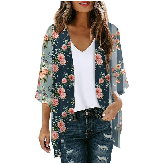 BangWanChi Swimsuit Coverup for Women Women's Long Sleeve Printing Casual Tops Blouse With Pocket Cardigan