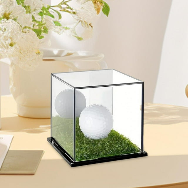 Vitrina para pelotas de golf, soporte para recuerdos, cubo, protección contra el polvo, acrílico con base, caja de almacenamiento transparente