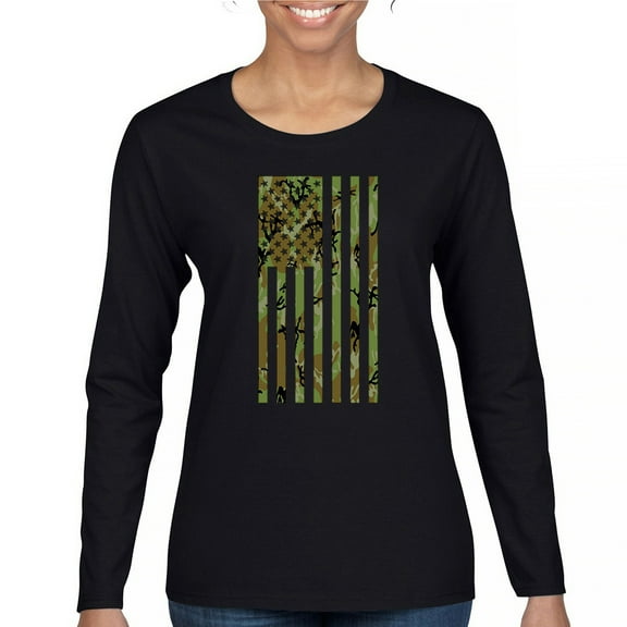Camo American Flag Women's Long Sleeve T-shirt USA Military Proud Army Veteran RED Friday 4th of July Camouflage Patriot