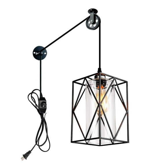 Kiven Plug in Pendant Light, Farmhouse Hanging Light Fixture with Glass Lampshade and Pulley, E26 Socket Dimmable Pendant Light for Bedroom Hallway Kitchen,Adjustable Height(TB1512)