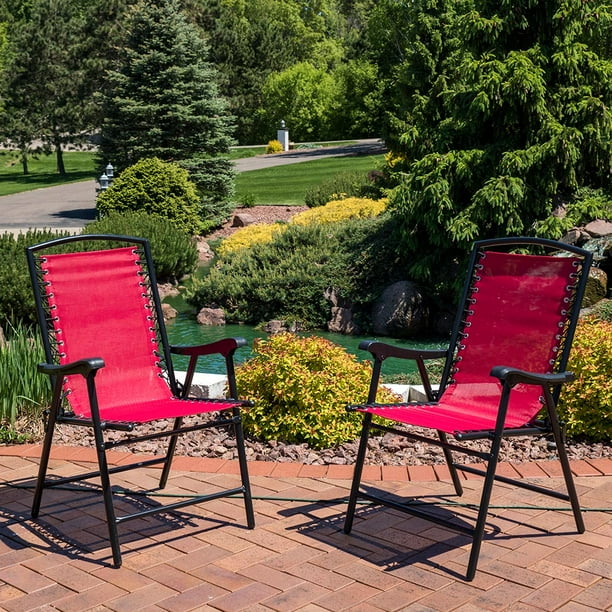 Sunnydaze Folding Suspension Outdoor Lounge Chair Set Of 2 Mesh Lawn Chairs Red Walmart Com Walmart Com