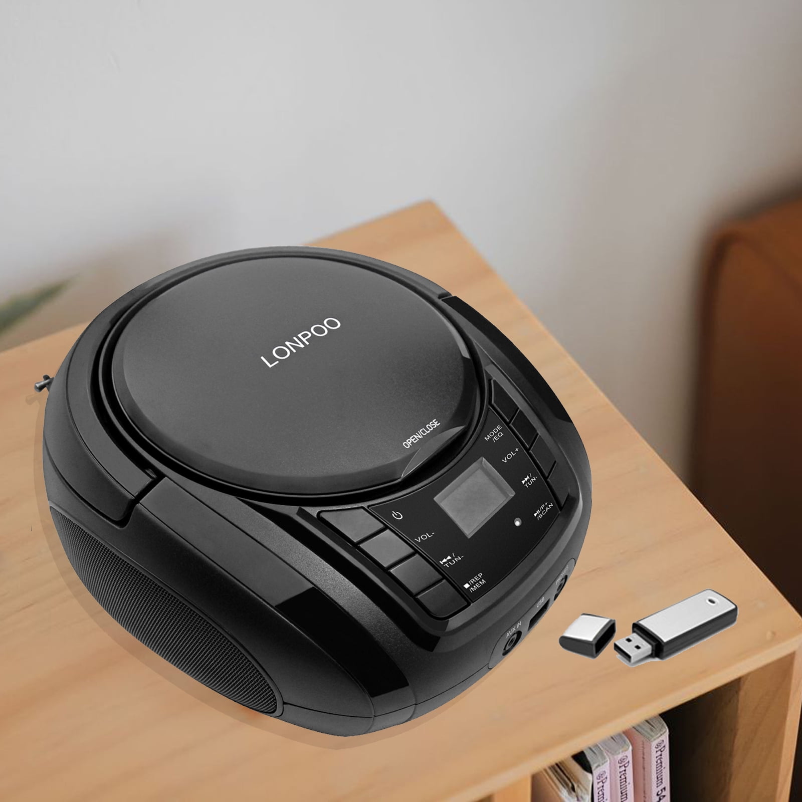 LONPOO Portable CD Player Boombox Classic Stereo Sound System Outdoor Speaker with FM Home Audio Radio, Bluetooth, Aux-in, USB Playback, Black