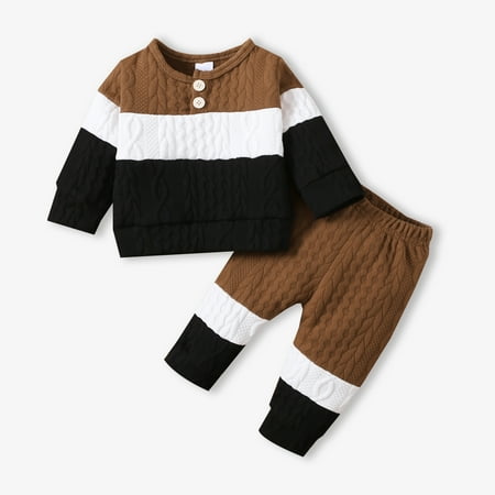 

Infant Baby Boys Splicing 2pcs Heavyweight Sweatsuit Set Long Sleeve Crewneck Button up Sweatshirt Tops and Waffle Plaid Elastic Waist Sweatpants Newborn Winter Outfits Clothes Set 0-18Month