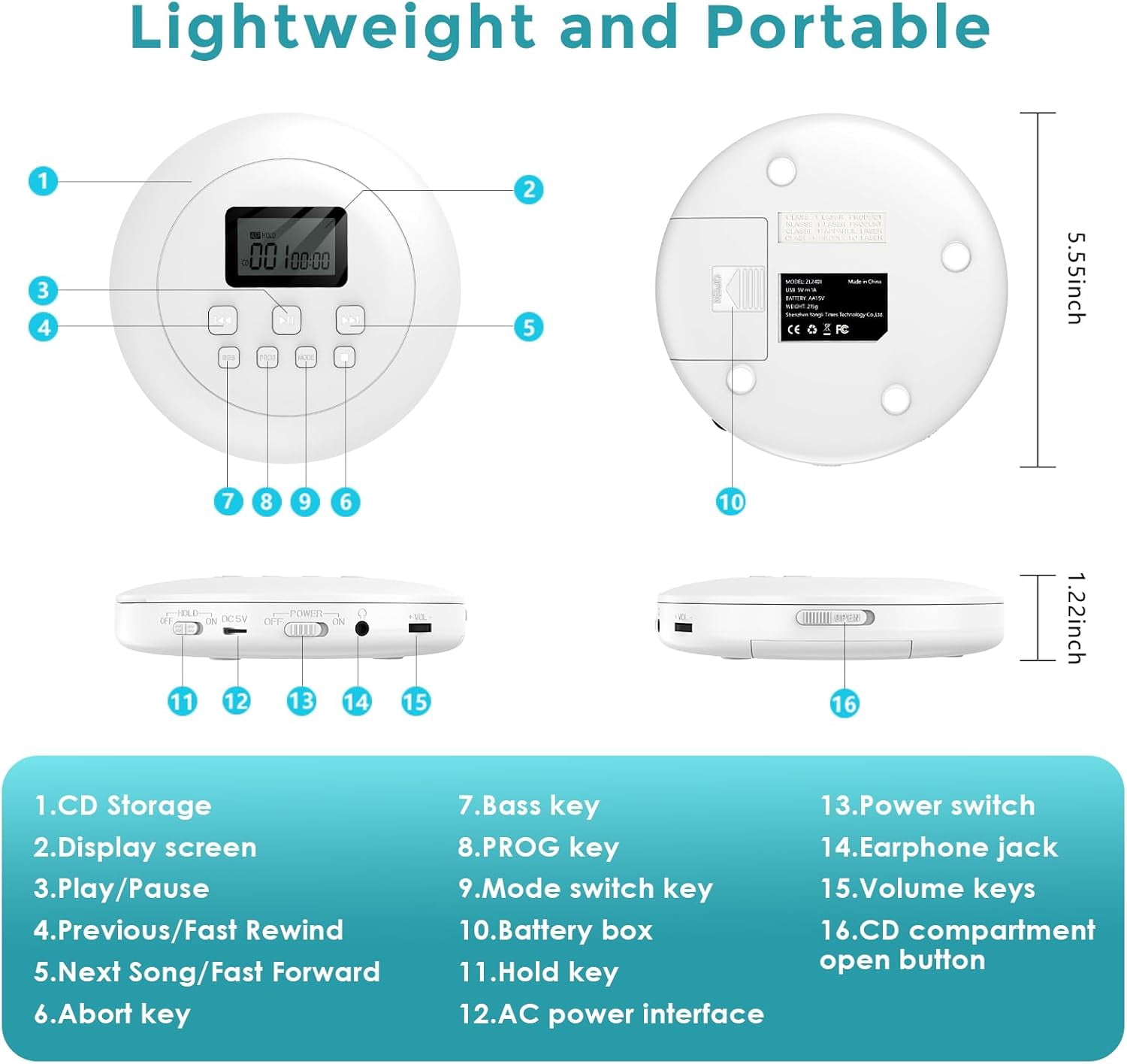 Gueray CD Player Portable Walkman, CD Player for Car Anti-Skip Shockproof, CD Players for Home with Headphones Jack USB AUX & LCD Display CD Disc, White