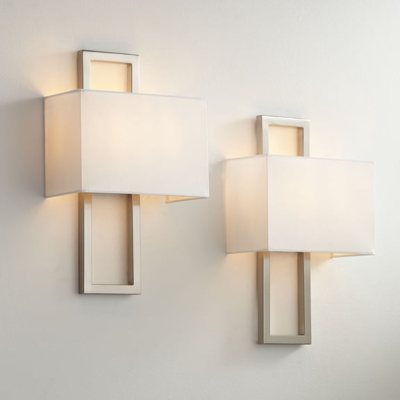 Possini Euro Design Modern Wall Light Sconces Set of 2 Brushed Nickel Hardwired 9 1/2" Fixture Silvery Faux Silk Shade for Bedroom