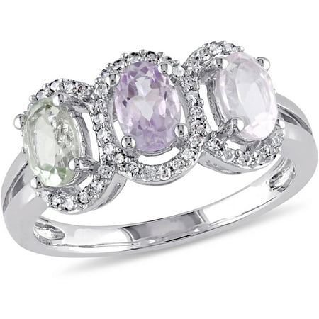 Tangelo 1-2/5 Carat T.G.W. Rose Quartz, Green Amethyst and Rose de France with 1/5 Carat T.W. Diamond Sterling Silver Halo Three-Stone Ring