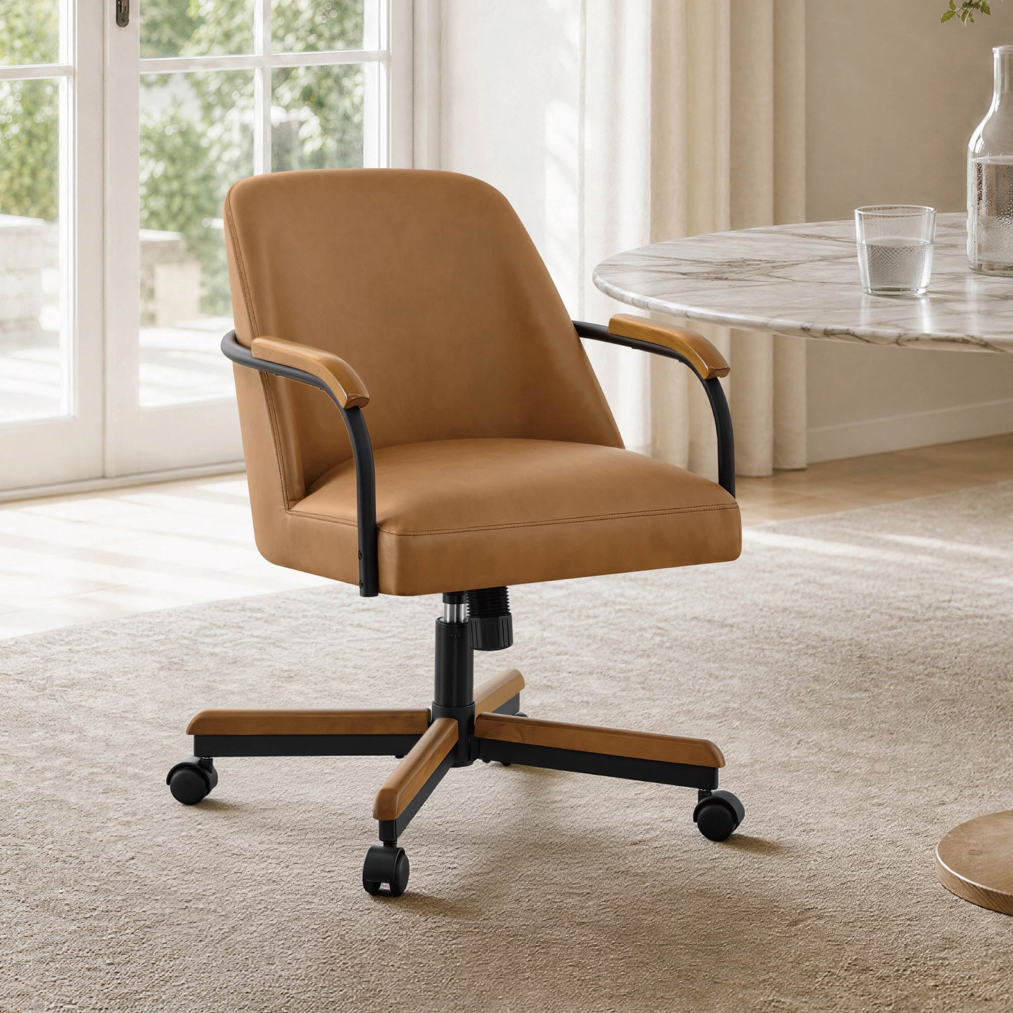 Spruce & Spring Swivel Dining Chairs Set of 2, Upholstered Tilt Chairs with Caster Wheels, Metal Frame & Wood Accents, for Dining Room, Kitchen & Home Office, Brown Faux Leather