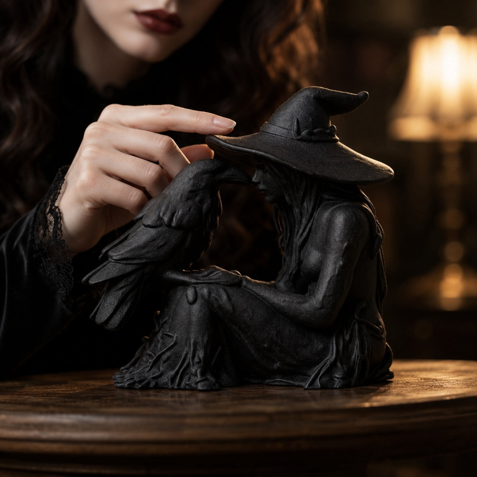 Sitting Witch Statue with Crow, 3.1" Gothic Halloween Witch Figurine, Witch Decor for Shelf & Mantel, Indoor Halloween Decorations