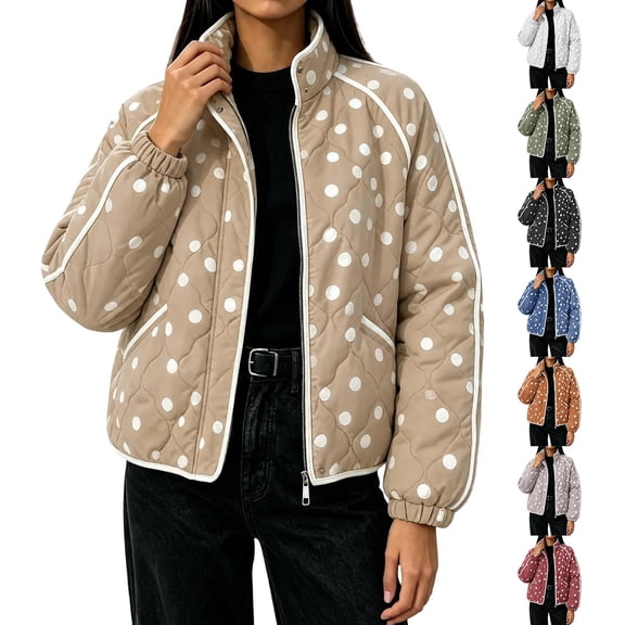 Tqcoqu Women's Polka Dot Quilted Jacket, Stand Collar Zip Up Long Sleeve Padded Coat with Pockets for Fall Winter,Women's,Size S-XXXL