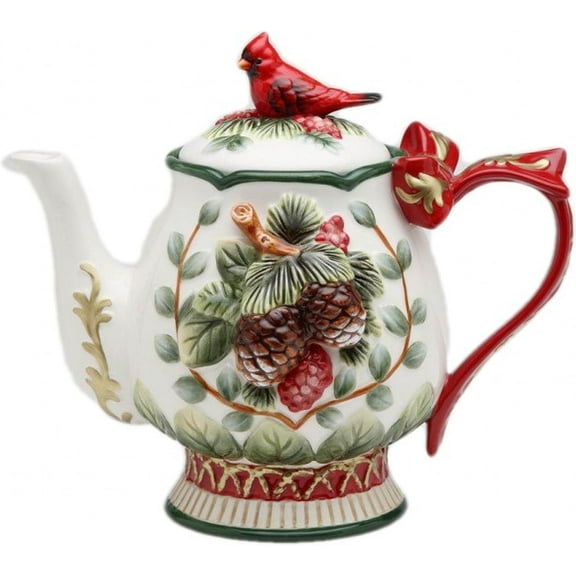Fine Ceramic Hand Painted Cardinal and Evergreen Pine Cone Design with Red Ribbon Handle Teapot