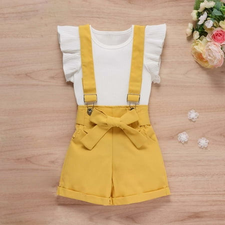 

Leutsin Toddler Baby Girls Summer Flying Sleeve Strip Top Bib Two-piece Set Children s Clothing